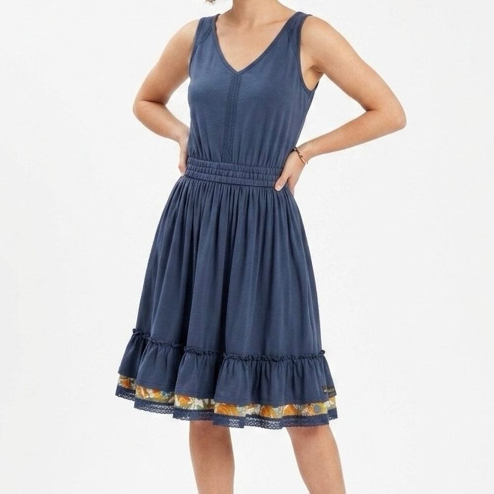 Matilda Jane Swing Time Dress Blue Cotton Knit Ruffle Floral Trim Fit Flare XS